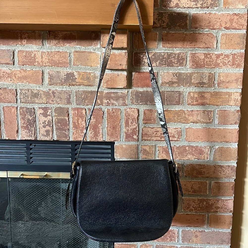 Laura Di Maggio Black Leather Shoulder Bag Snakeskin Print Strap Made in Italy